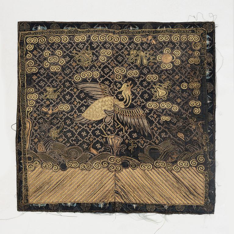 Two rank badges, two embroideries, and a brocade, China, part Qing dynasty.