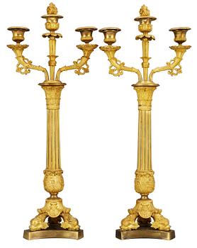 947. A pair of French Empire three-light candelabra.