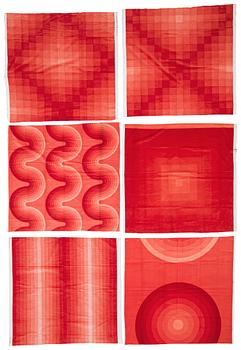 PROVBITAR, 7 ST. Bomullsvelour. Olika orangeröda nyanser och mönster. Verner Panton.
