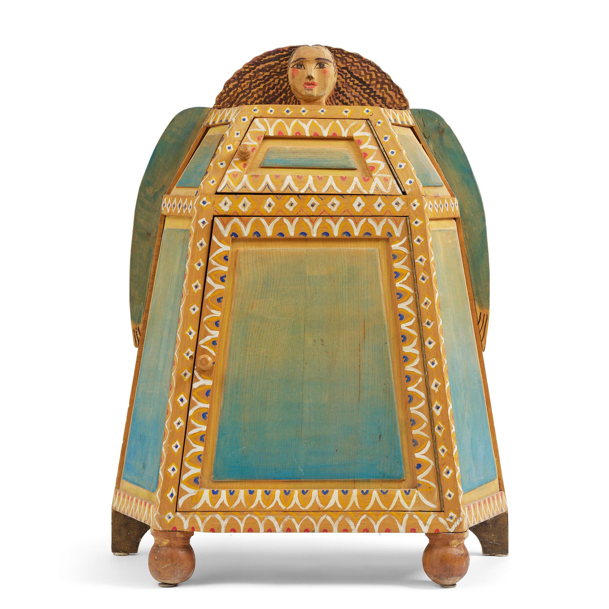 Gérard Rigot, a painted and carved oak cabinet, exectued in his studio, France, second half of the 20th century.