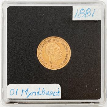 Gold coin, Oscar II, 5 kronor, type I, Sweden 1881.