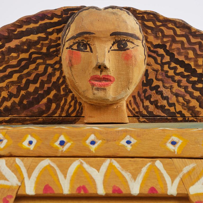 Gérard Rigot, a painted and carved oak cabinet, exectued in his studio, France, second half of the 20th century.