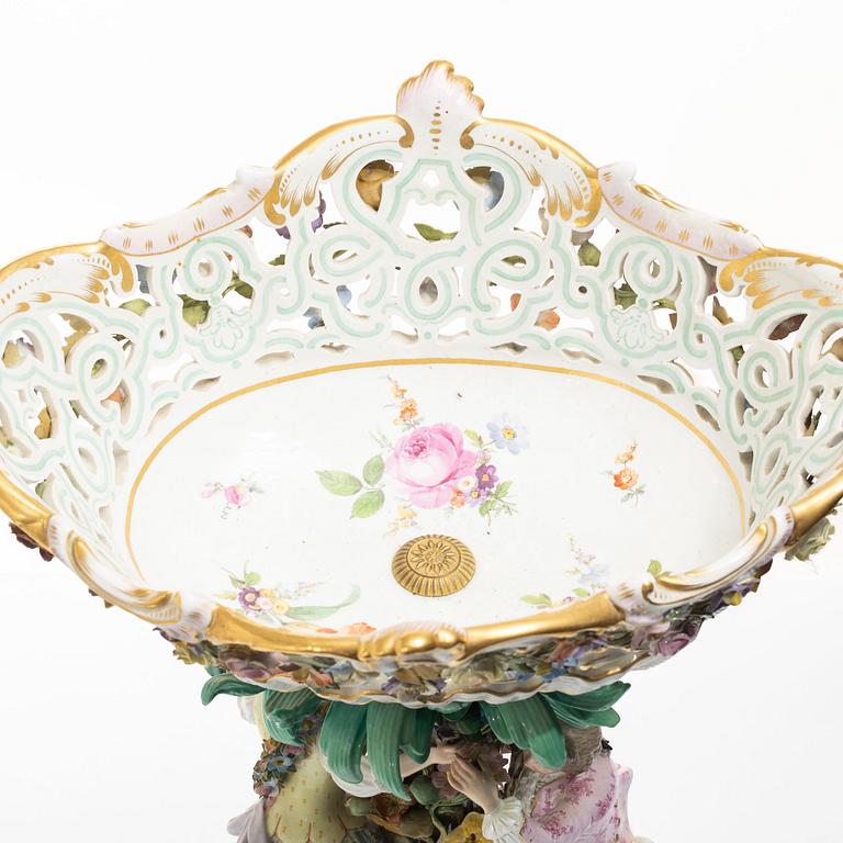 Meissen, A large polychrome reticulated porcelain basket on a pedestal with dancing figures, 19th century.