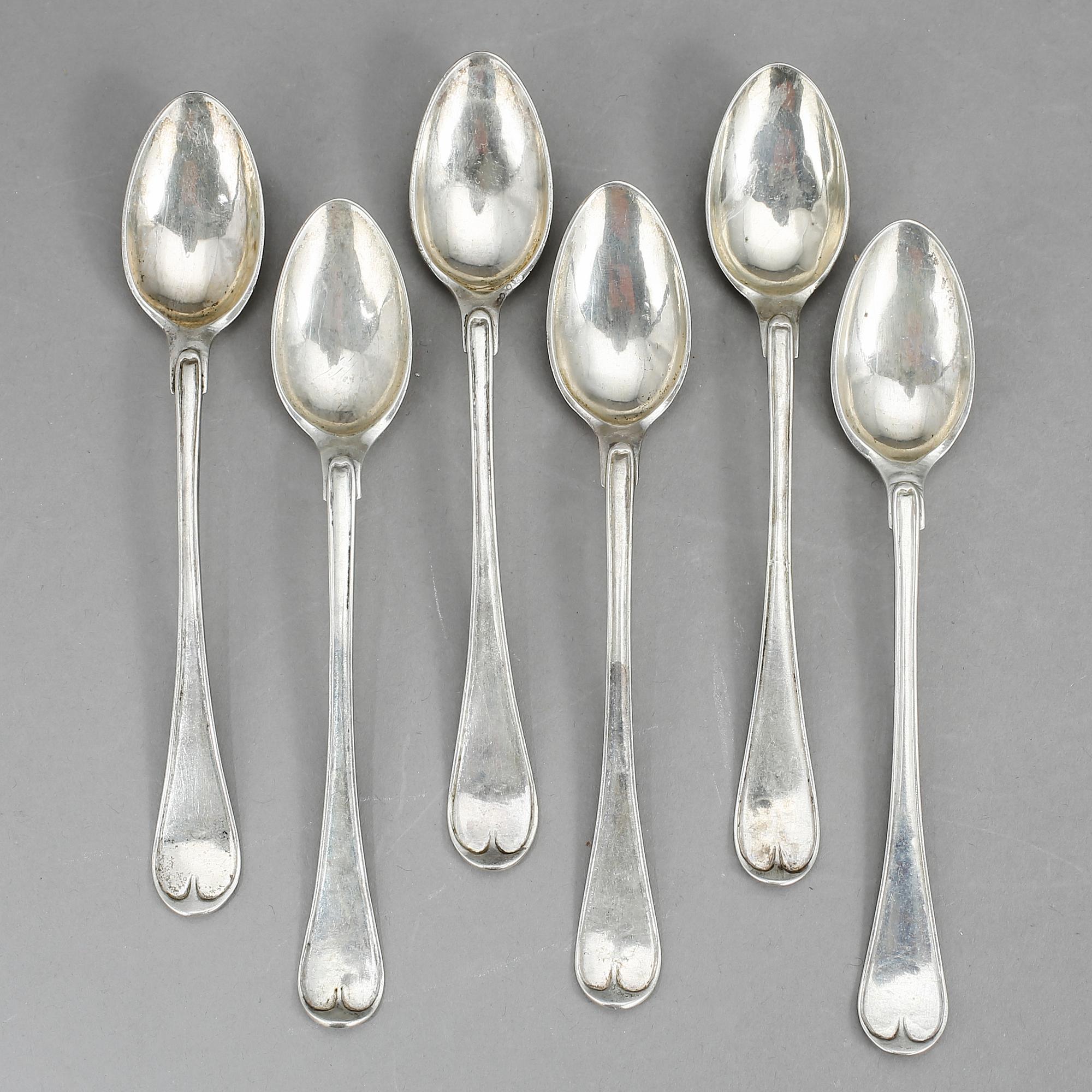 TESKEDAR, 6 st, silver, Lars Boye, Stockholm, 1791-92. Vikt 126 g.