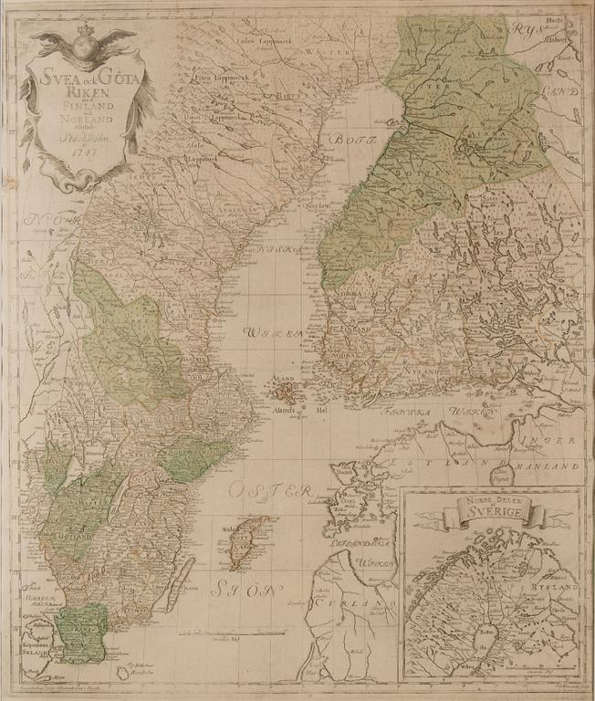 KARTA, Charta öfver Svea ock Göta Riken med Finland ock Norland afritade i Stockholm 1747.