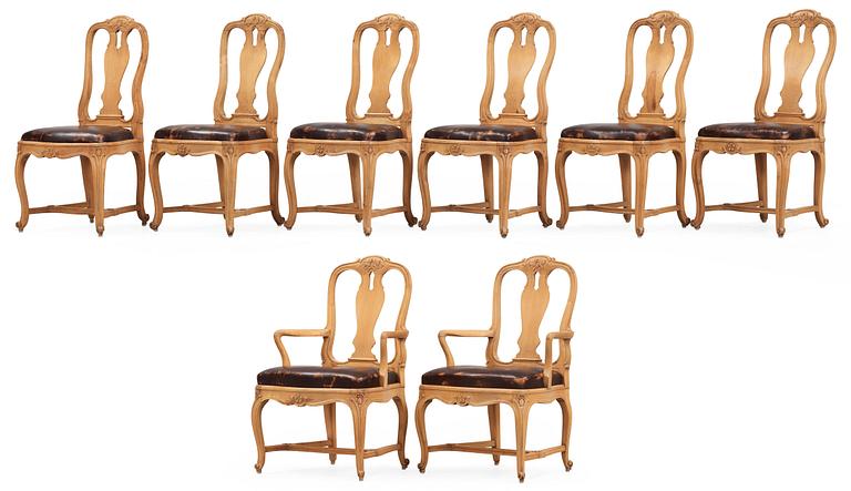 Six Swedish Rococo chairs, by C. J. Wadström. Also comprising two modern Rococo style armchairs.