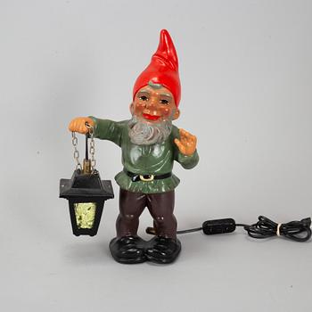 A Heissner ceramic gnome with lamp.