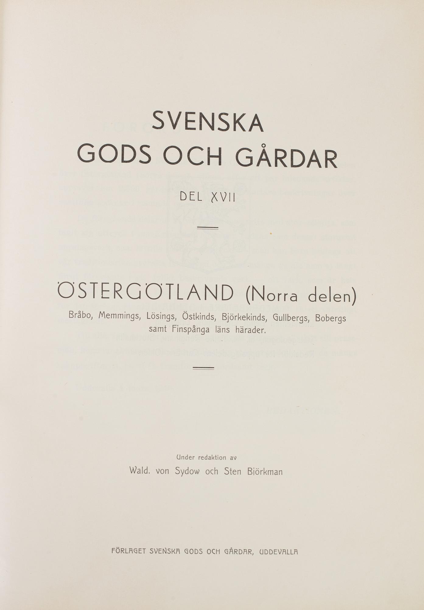 BÖCKER, Svenska Gods och gårdar, Östergötland, 1940, 3 volymer.