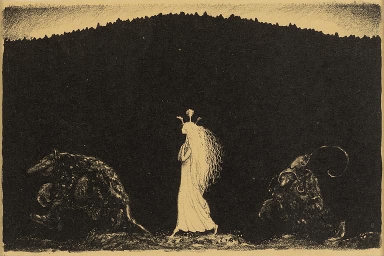 John Bauer, litografi, ur sviten "Troll", 1915. Signerad B i trycket.