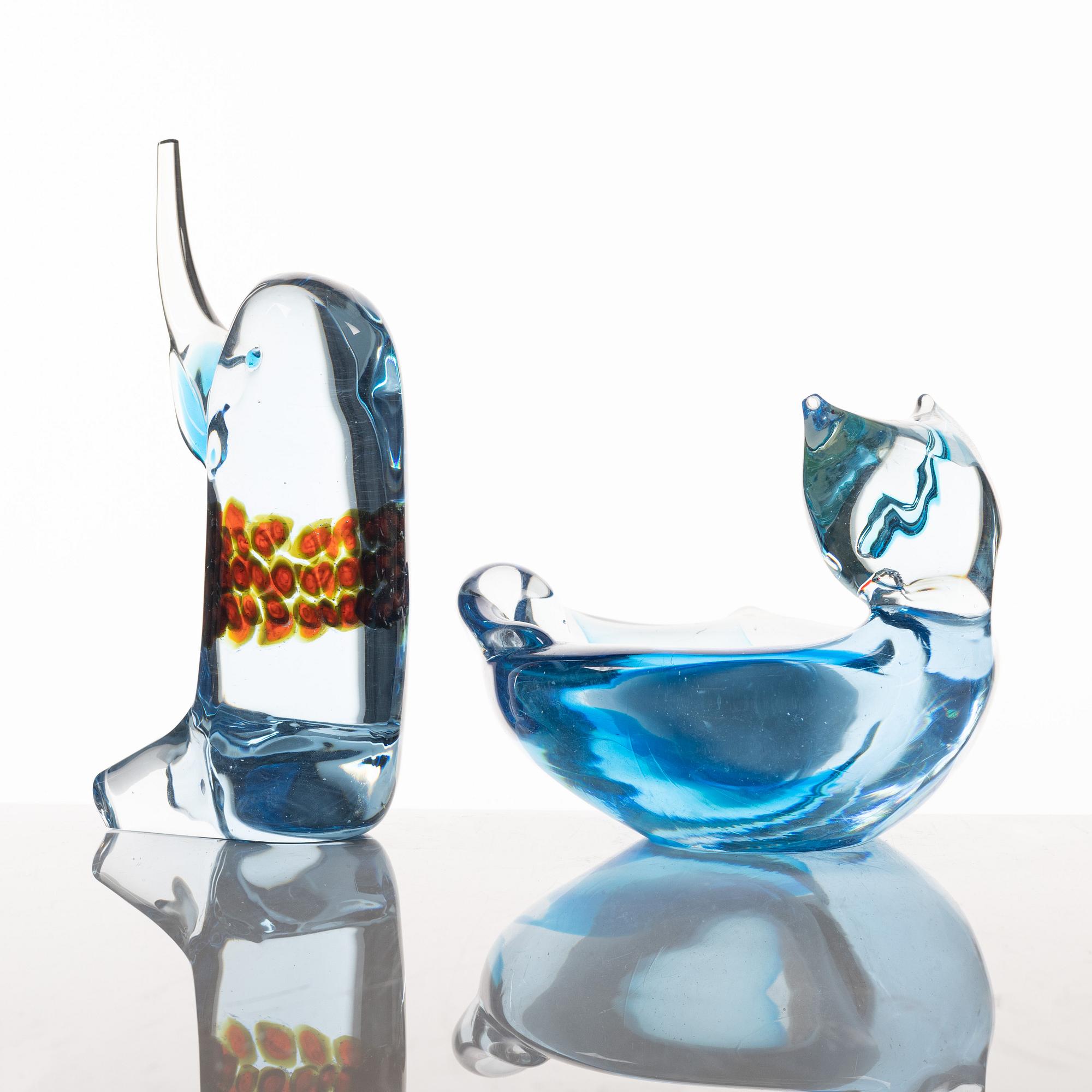 Skulptur, glas samt skål, glas, troligen Antonio da Ros, Murano, Italien.