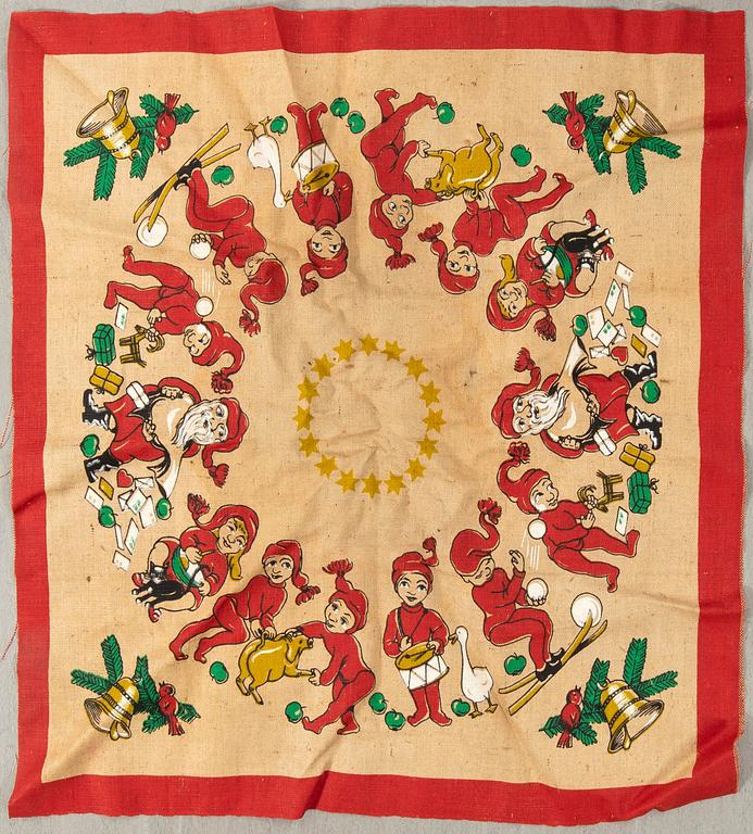 A collection of Christmas tablecloths, Christmas tree skirts, an apron, and runners, 21 pcs, 20th century.