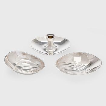 Tapio Wirkkala, Two silver bowls and a silver candlestick, Hopeatehdas, Helsinki, 1958 and 1961.