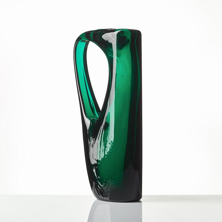 Giorgio Ferro, an oval, green glass vase, "Anse volante", A.VE.M (Arte Vetraria Muranese), Italy 1950's.