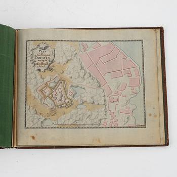 Album från 1746 med 22 akvareller över fästningar, gåva av Gabriel Cronstedt till tronföljaren Adolf Fredrik.