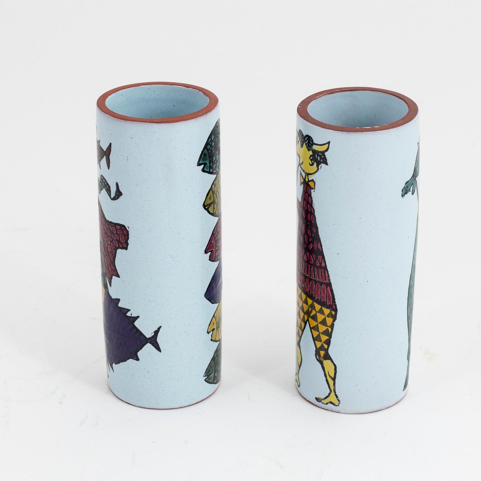 Stig Lindberg, two earthenware 'Karneval' vases, Gustavsbergs studio.