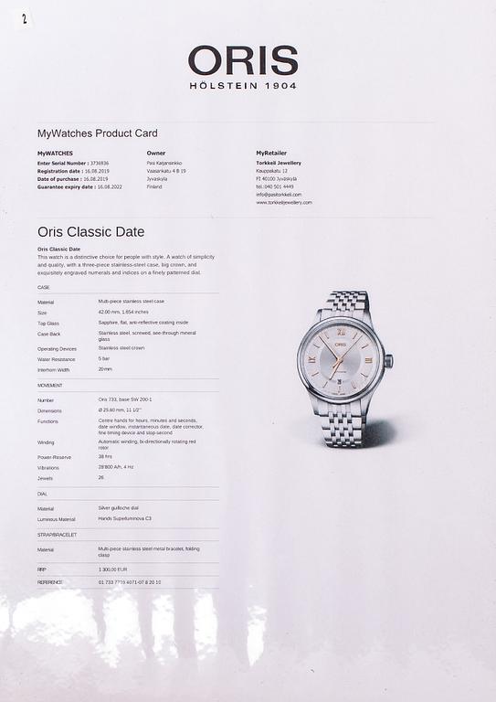 Oris, Classic date, rannekello, 42 mm.