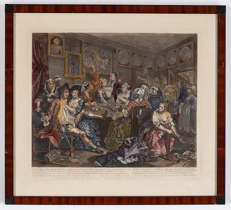William Hogarth, efter, åtta stycken kolorerade etsningar och gravyrer.