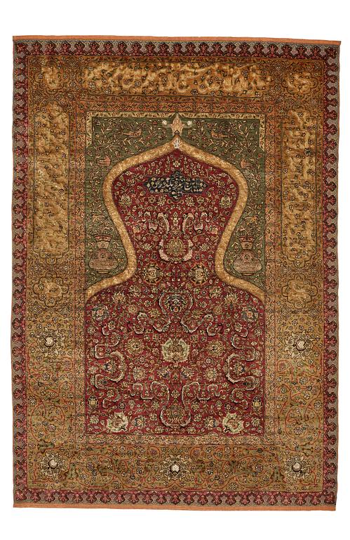 Matta, antik silke Kum Kapi med metallbroschering, Istanbul omkring 1910, "Sultan's Head Prayer" design.