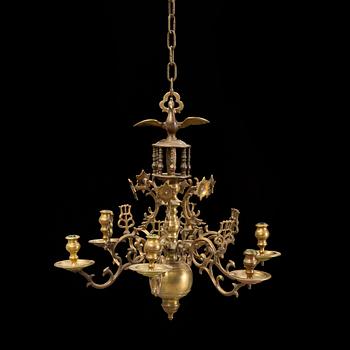 A brass chandelier, 18th century.