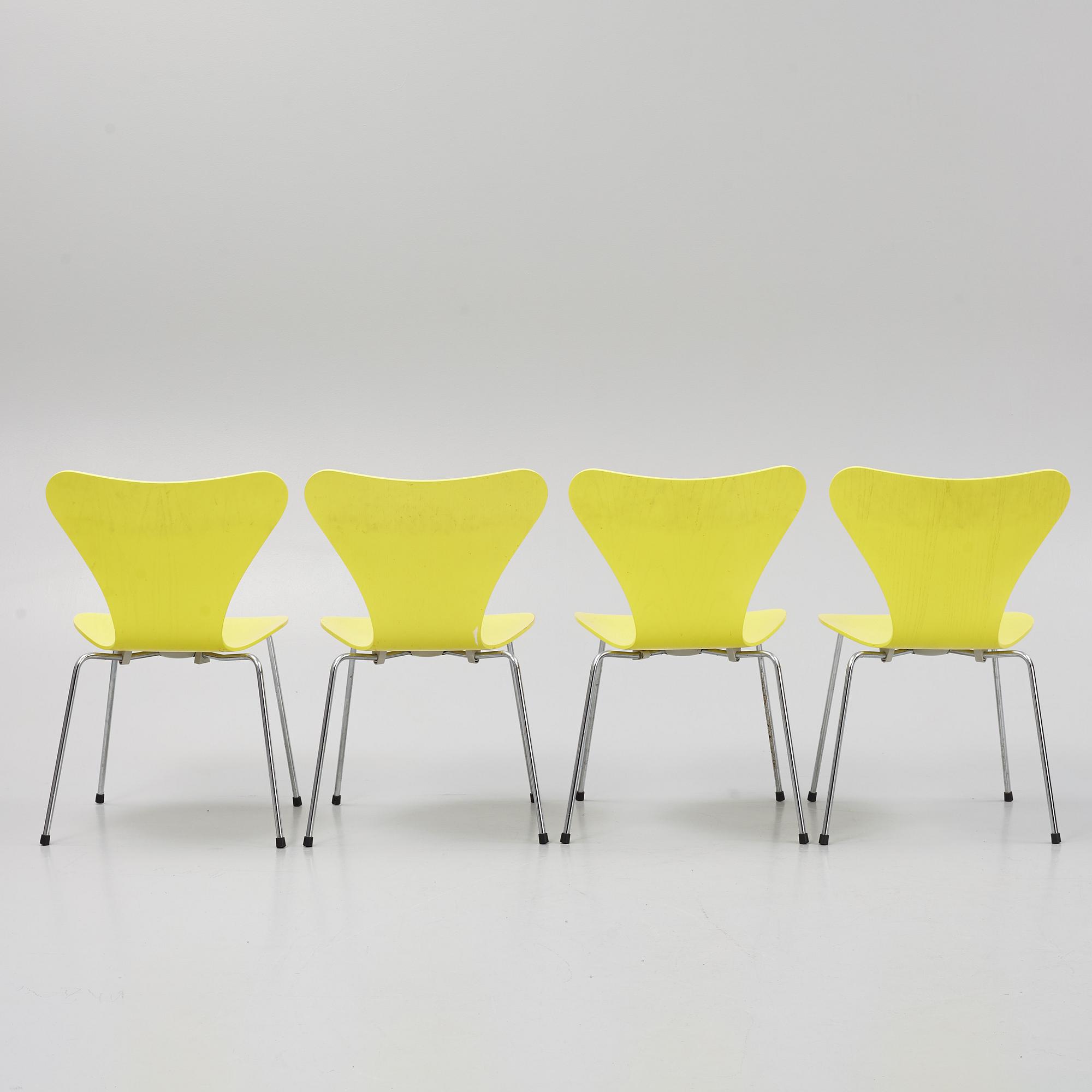 Arne Jacobsen, four 'Series 7' chairs, Fritz Hansen, Denmark, 1998.