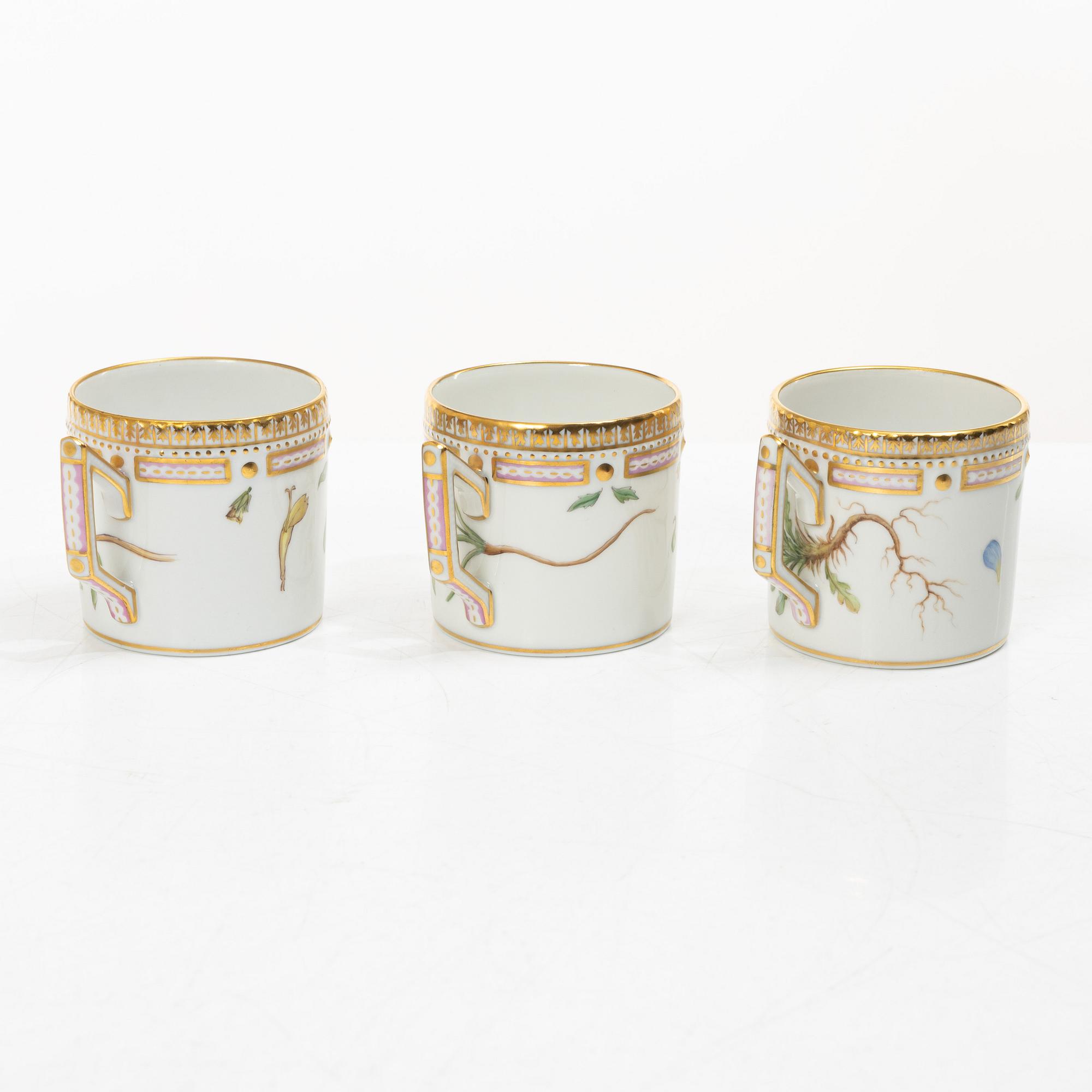 Royal Copenhagen, seven mocka cups with saucers, 'Flora Danica', Denmark.