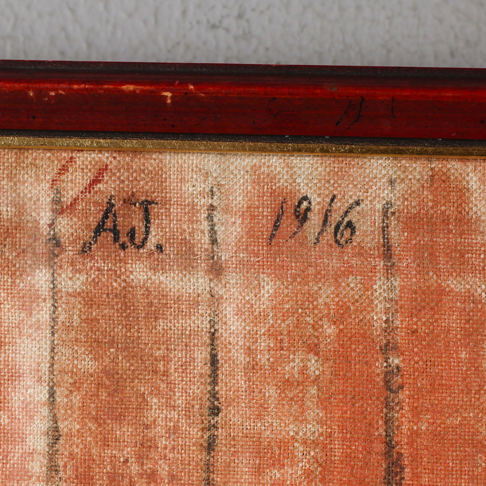 VÄGGBONAD, gouache på tyg, monogramsignerad AJ och daterad 1916.