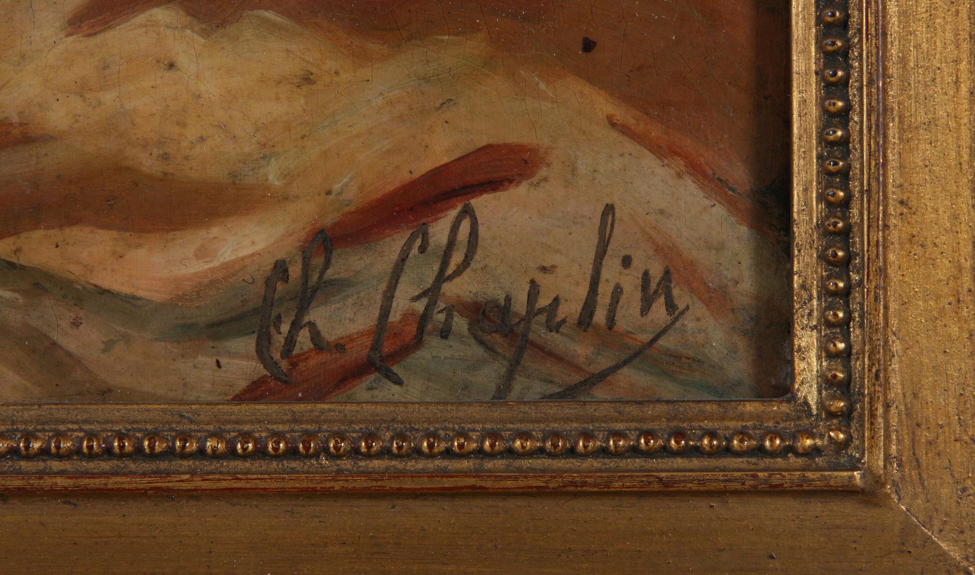 CHARLES JOSHUA CHAPLIN, tillskr, olja på pannå, sign.