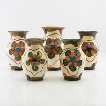 Andersson & Johansson vases 5 pcs Höganäs first half/mid 20th century glazed stoneware.