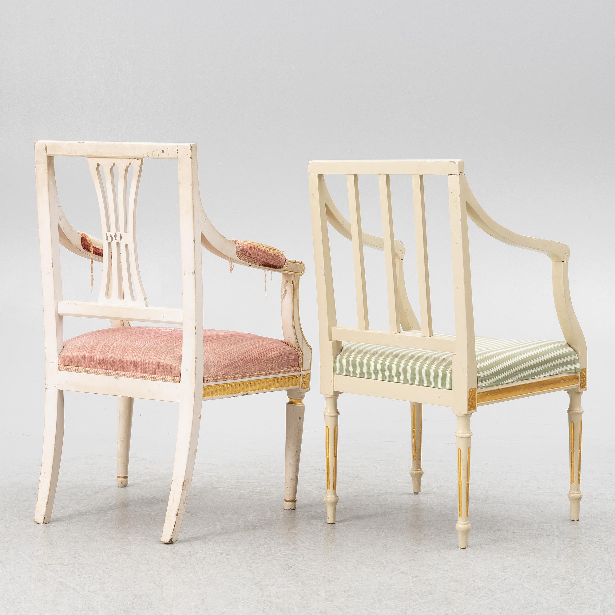 Karmstolar, 2+1 st, sengustavianska, omkring år 1800.