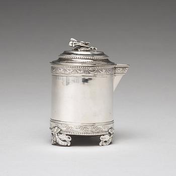 A Swedish 18th century silver milk-jug and cover, mark of Anders Brandt, Norrköping 1787.