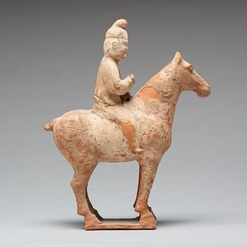 A painted pottery figure of an equestrian standard-bearer, Tang dynasty (618-907 AD.).