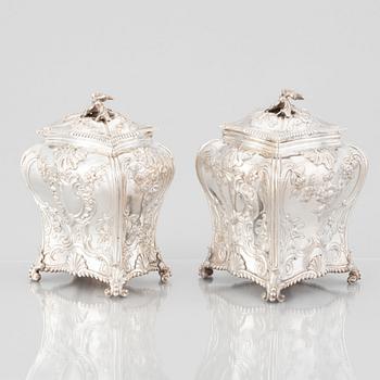 Two Tea caddys, silver, Emick Romer, London, 1762, and a mahogany casket.