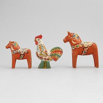 A set of painted wooden horses and roosters from Dalarna, Sweden, mid 20th century and late 20th century.