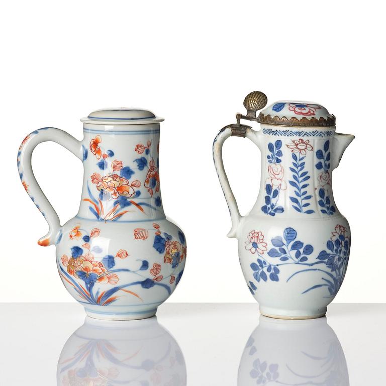 An underglaze red, celadon and an imari ewer with cover, Qing dynasty, Kangxi (1662-1722).