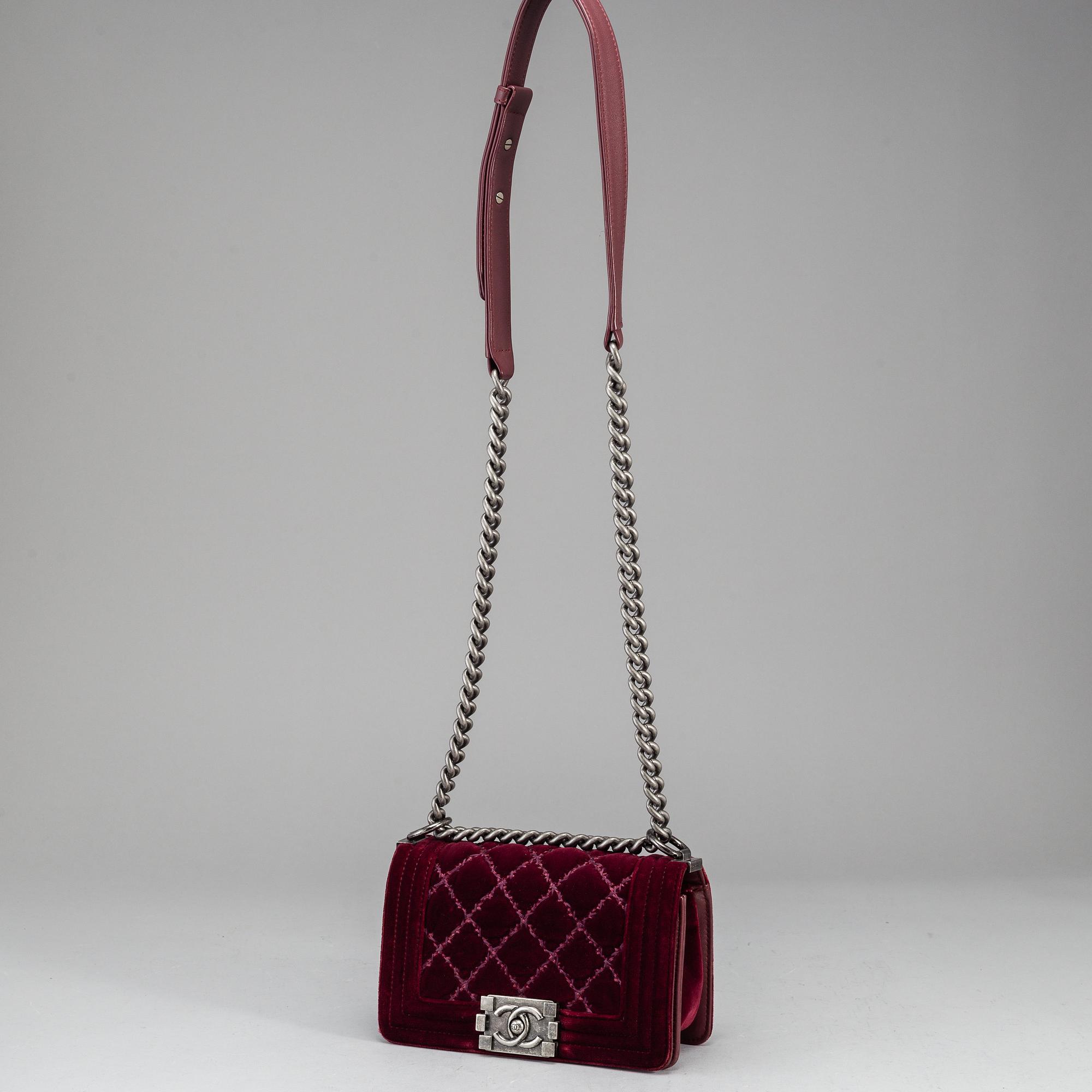 CHANEL, a burgundy quilted velvet 'Small Boy Bag'.