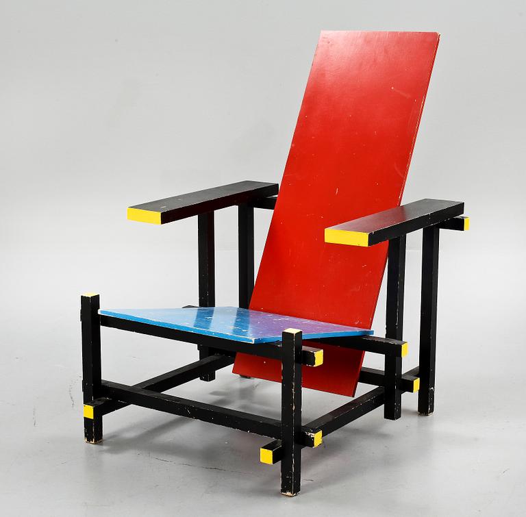 STOL, "Red / Blue chair",  efter Gerrit Thomas Rietveld, 1900-talets tredje kvartal.