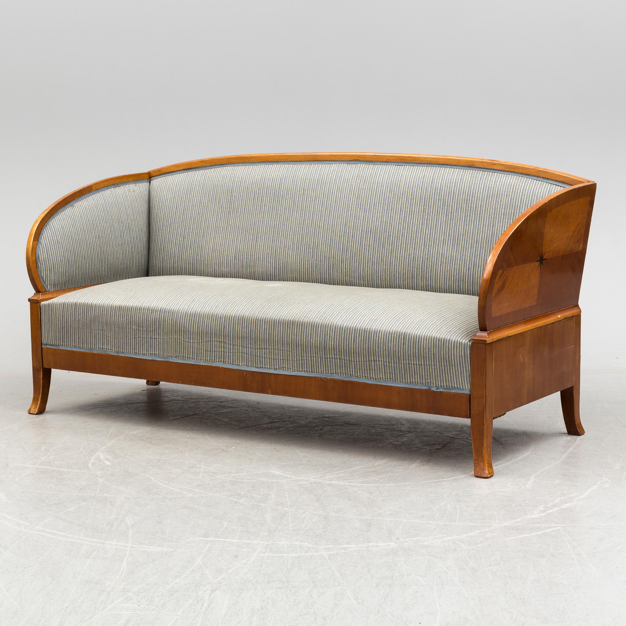 SOFA, TABLE AND FIVE CHAIRS, mid 20th century.