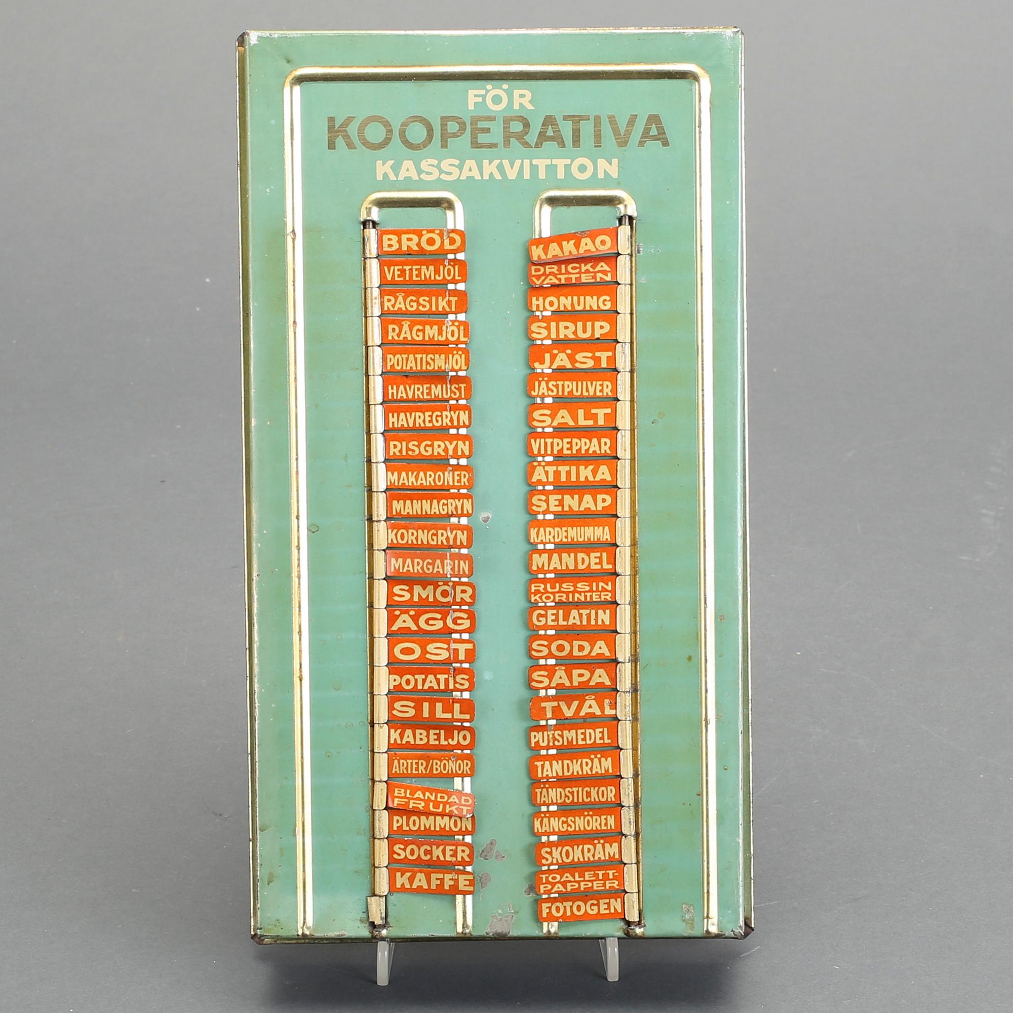 INKÖPSTAVLA TILL HUSHÅLLET, plåt, 1930/40-tal.