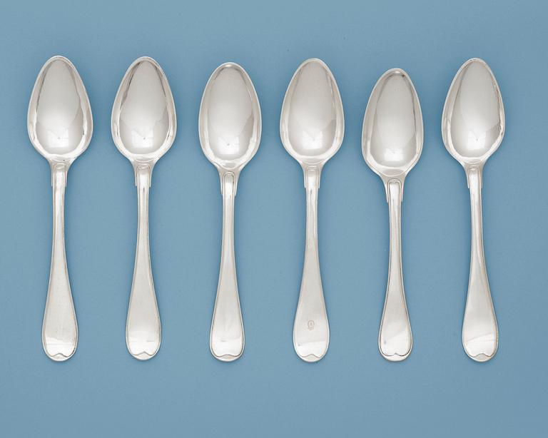 A Swedish 18th century silver set of six table-spoons, makers mark of Pehr Zethelius, Stockholm 1792-1797.