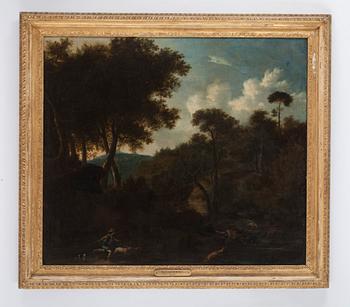 Frederic de Moucheron Attributed to, Landscape with hunters, dogs and deers.