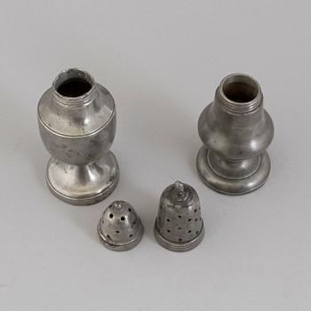 TWO 18TH CENTURY PEWTER SHAKERS.