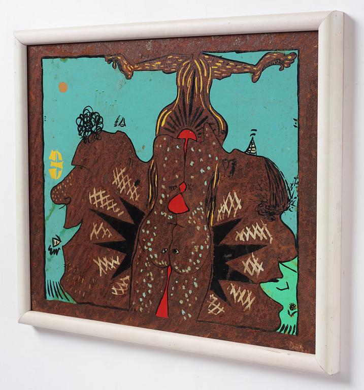 Erik Dietman, mixed media on copper sheet, signed.