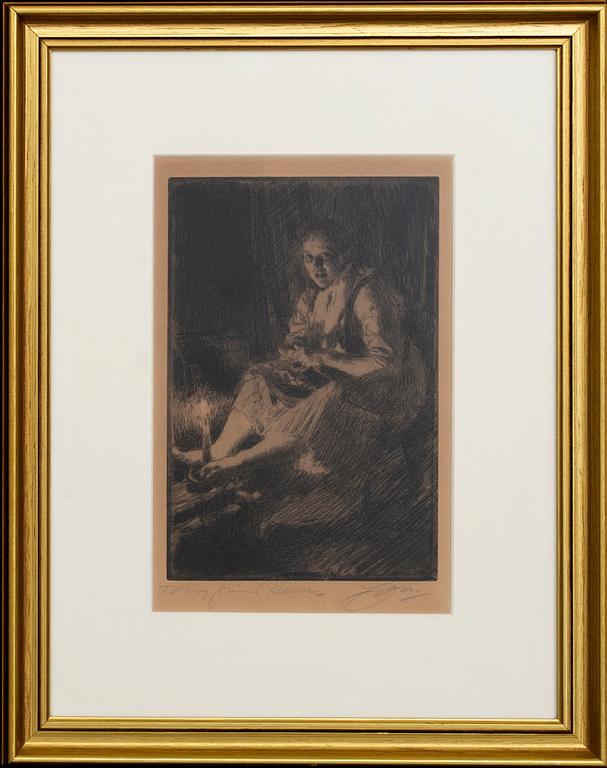 Anders Zorn, etsning, 1905, signerad med dedikation.
