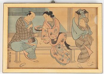 Okumura Masanobu, presumably after, woodblock print in colours, 19th Century.