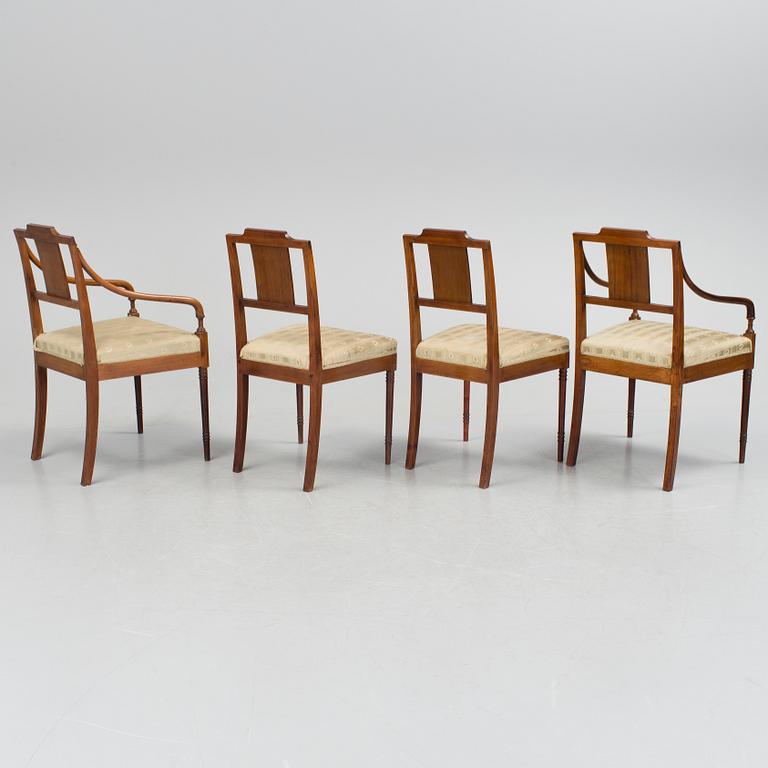 A 1920/30s Swedish Grace sofa, a pair of chairs, a pair of armchairs and a table veneered with mahogany.