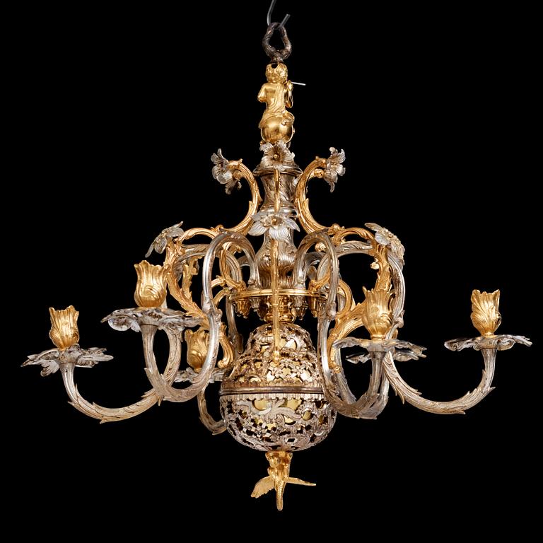 Carl Edberg's Masterpiece, a Swedish rococo silvered and gilt-brass six-light chandelier, circa 1755.