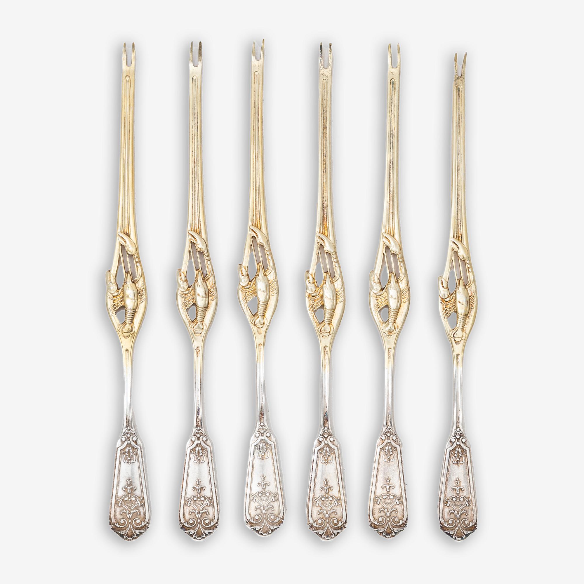 Six silver lobster forks, Germany,