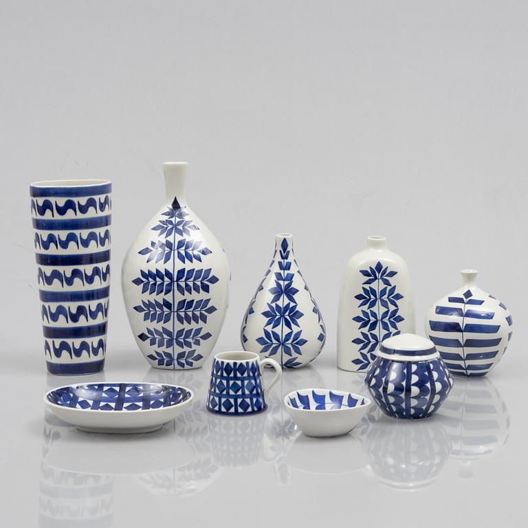 Karin Björquist, a set of nine "Indigo" stoneware vases and bowls, Gustavsbergs studio, 1950s.