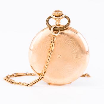 A 14 K gold pocket watch with chain, marked J. Calame Robert. Mid 20 th century. 55 mm.