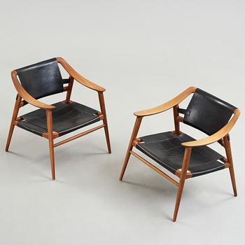 Adolf Relling & Sigurd Resell, a pair of teak and leather "56/2 Bambi-series armchairs, Norway 1950-60's,